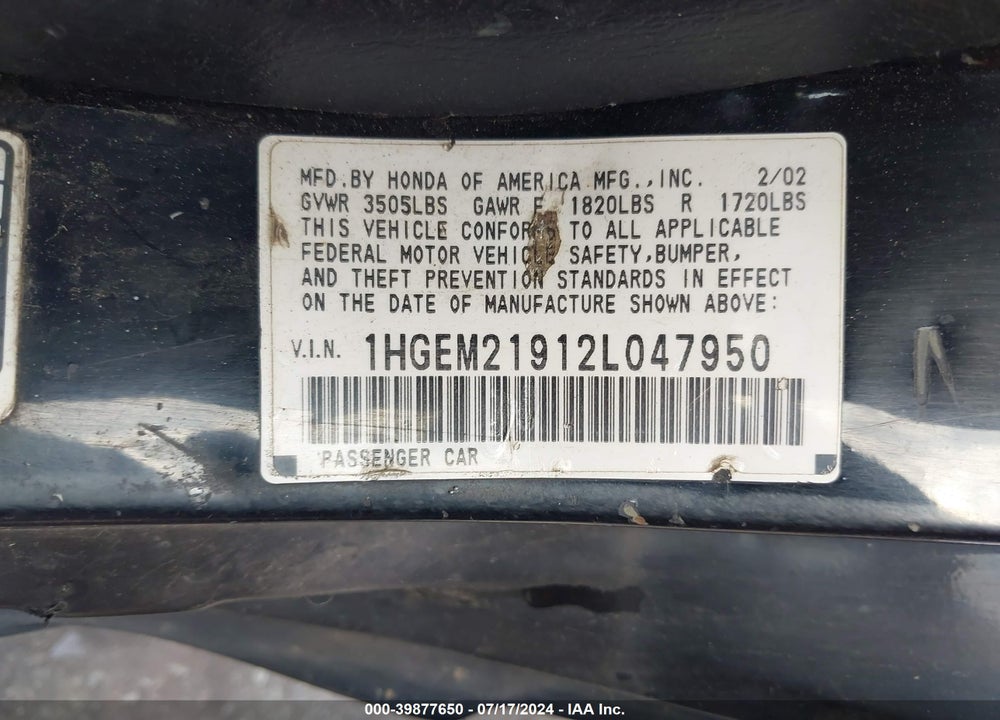 2002 HONDA CIVIC EX VIN: 1HGEM21912L047950
