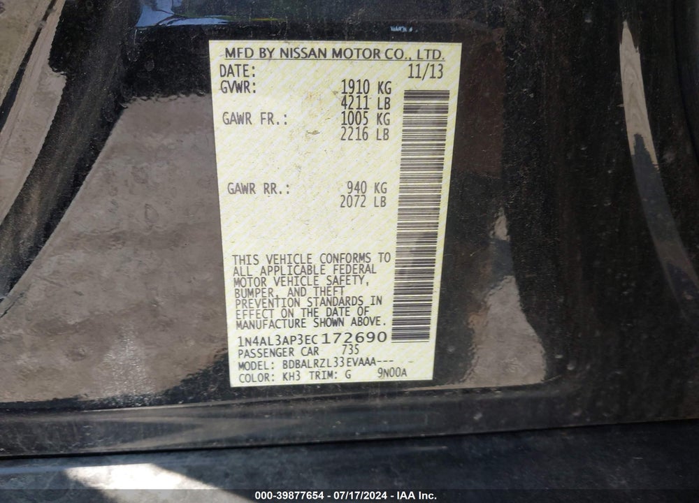 2014 NISSAN ALTIMA 2.5 S VIN: 1N4AL3AP3EC172690