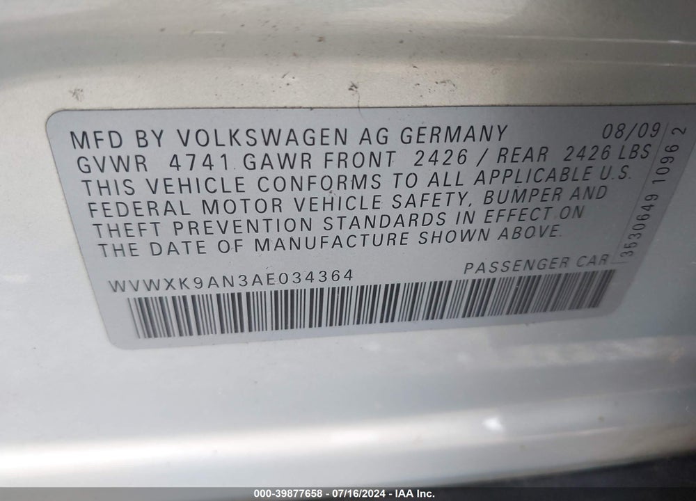 2010 VOLKSWAGEN PASSAT KOMFORT VIN: WVWXK9AN3AE034364
