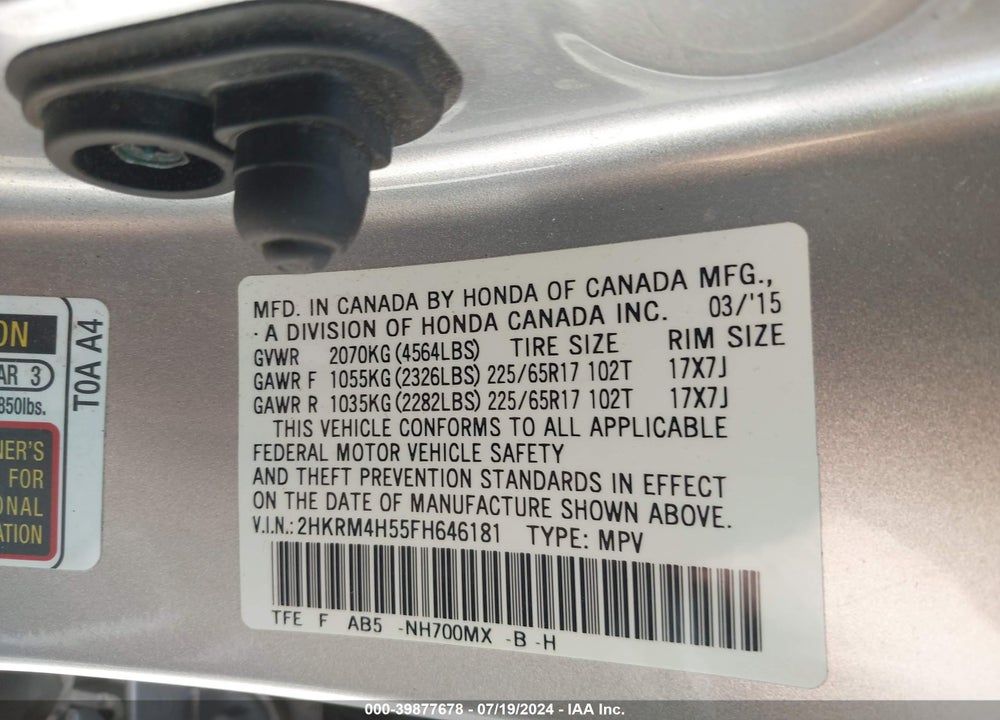 2015 HONDA CR-V EX VIN: 2HKRM4H55FH646181