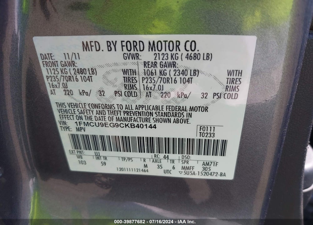 2012 FORD ESCAPE LIMITED VIN: 1FMCU9EG9CKB40144