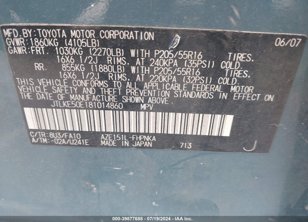 2008 SCION XB VIN: JTLKE50E181014860