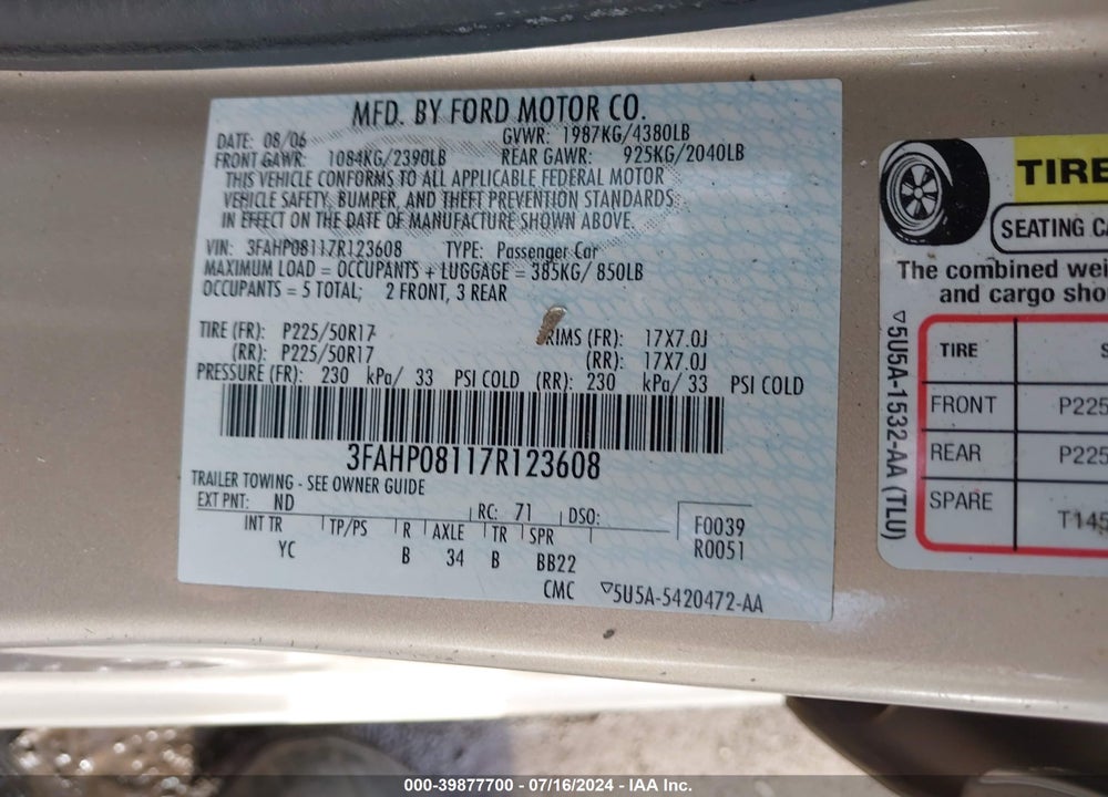 2007 FORD FUSION SEL VIN: 3FAHP08117R123608