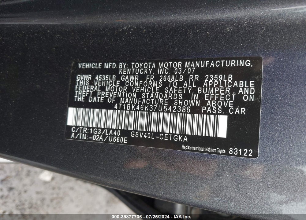 2007 TOYOTA CAMRY XLE V6 VIN: 4T1BK46K37U542386