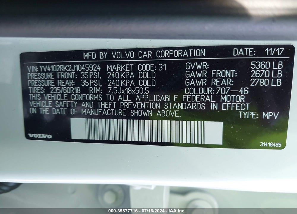 2018 VOLVO XC60 T5 MOMENTUM VIN: YV4102RK2J1045924