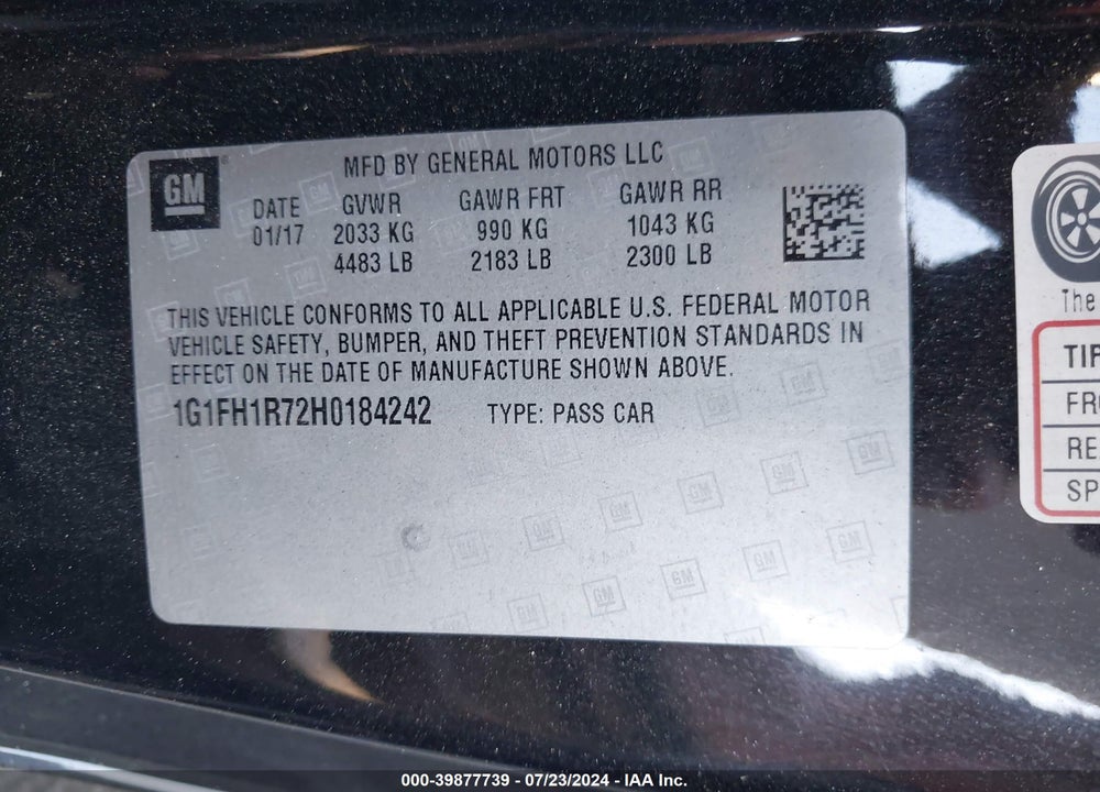 2017 CHEVROLET CAMARO 2SS VIN: 1G1FH1R72H0184242