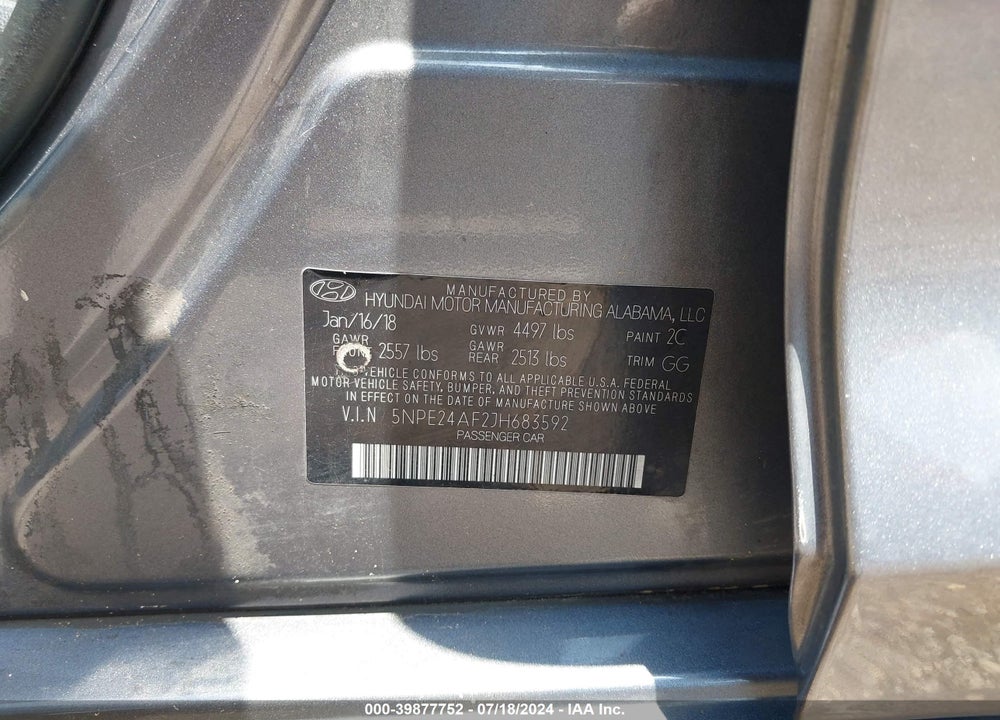 2018 HYUNDAI SONATA SE VIN: 5NPE24AF2JH683592