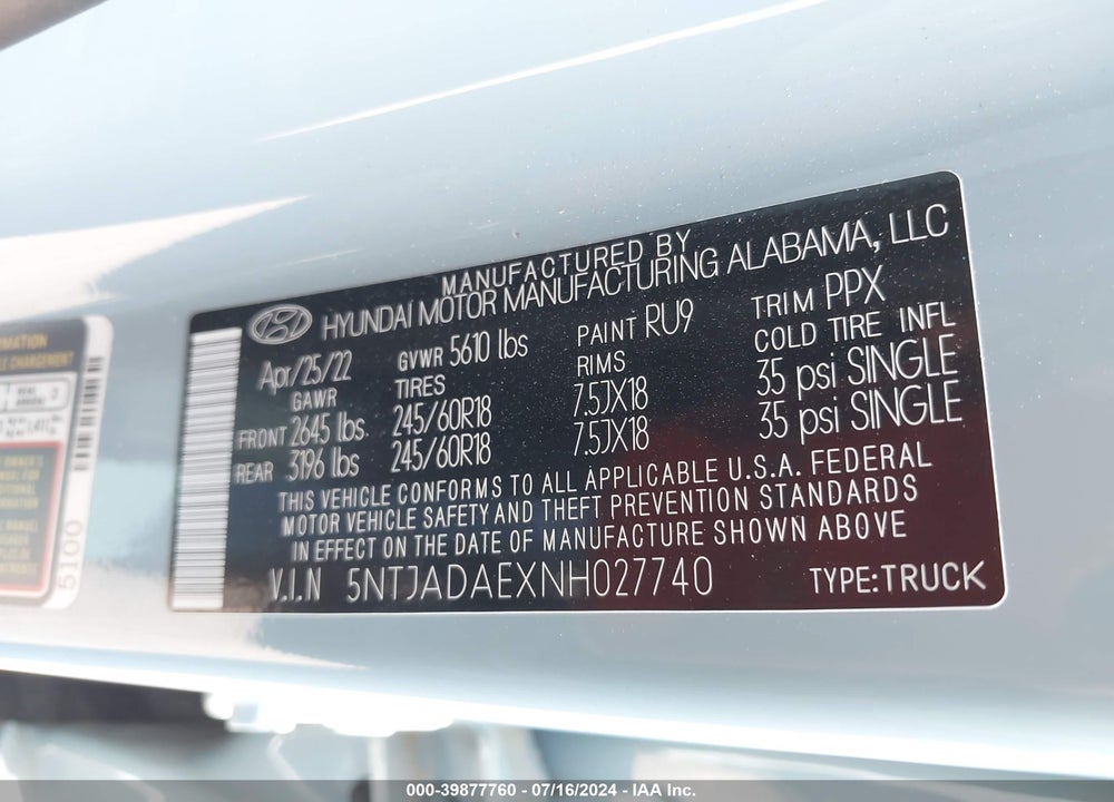 2022 HYUNDAI SANTA CRUZ SE VIN: 5NTJADAEXNH027740
