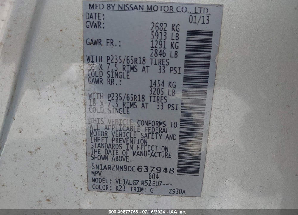2013 NISSAN PATHFINDER SL VIN: 5N1AR2MN9DC637948