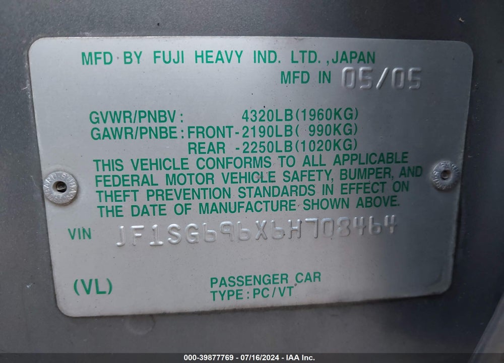 2006 SUBARU FORESTER 2.5XT LIMITED VIN: JF1SG696X6H708464