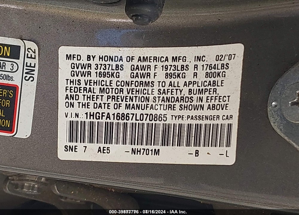 2007 HONDA CIVIC VIN: 1HGFA16867L070865
