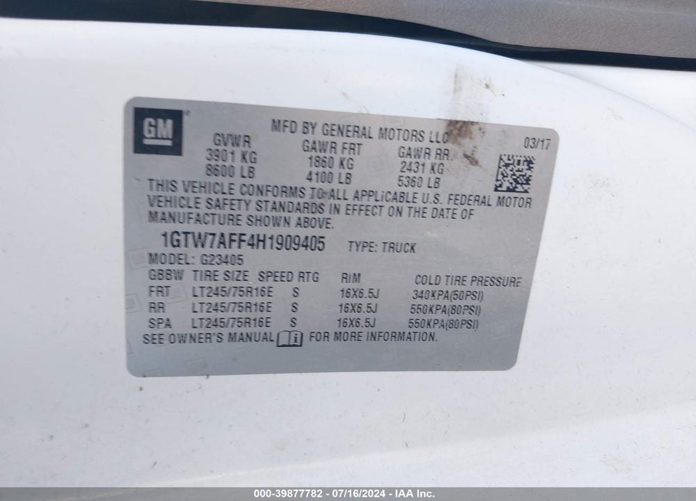 2017 GMC SAVANA 2500 WORK VAN VIN: 1GTW7AFF4H1909405