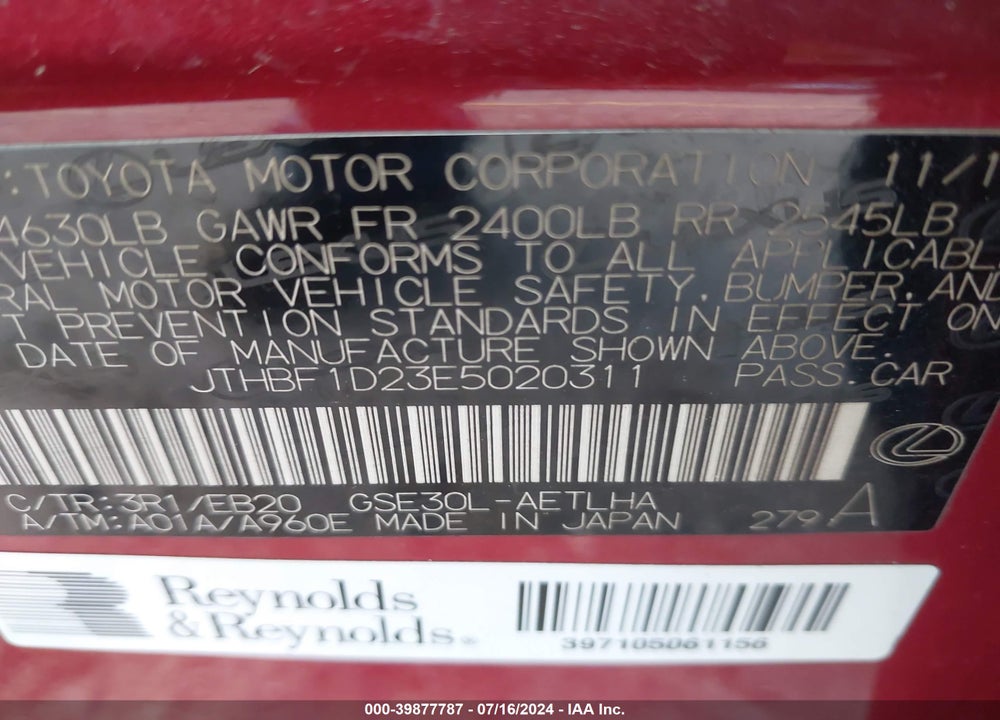 2014 LEXUS IS 250 VIN: JTHBF1D23E5020311