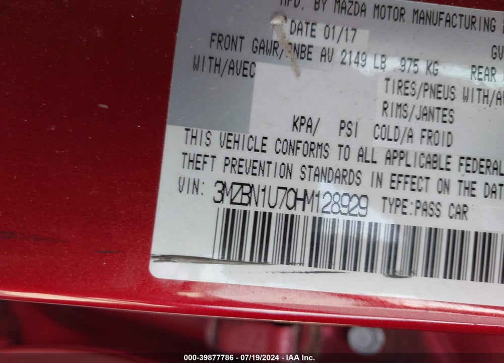 2017 MAZDA 3 SPORT VIN: 3MZBN1U70HM128929