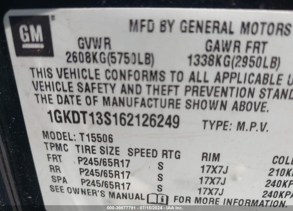 2006 GMC ENVOY SLT VIN: 1GKDT13S162126249