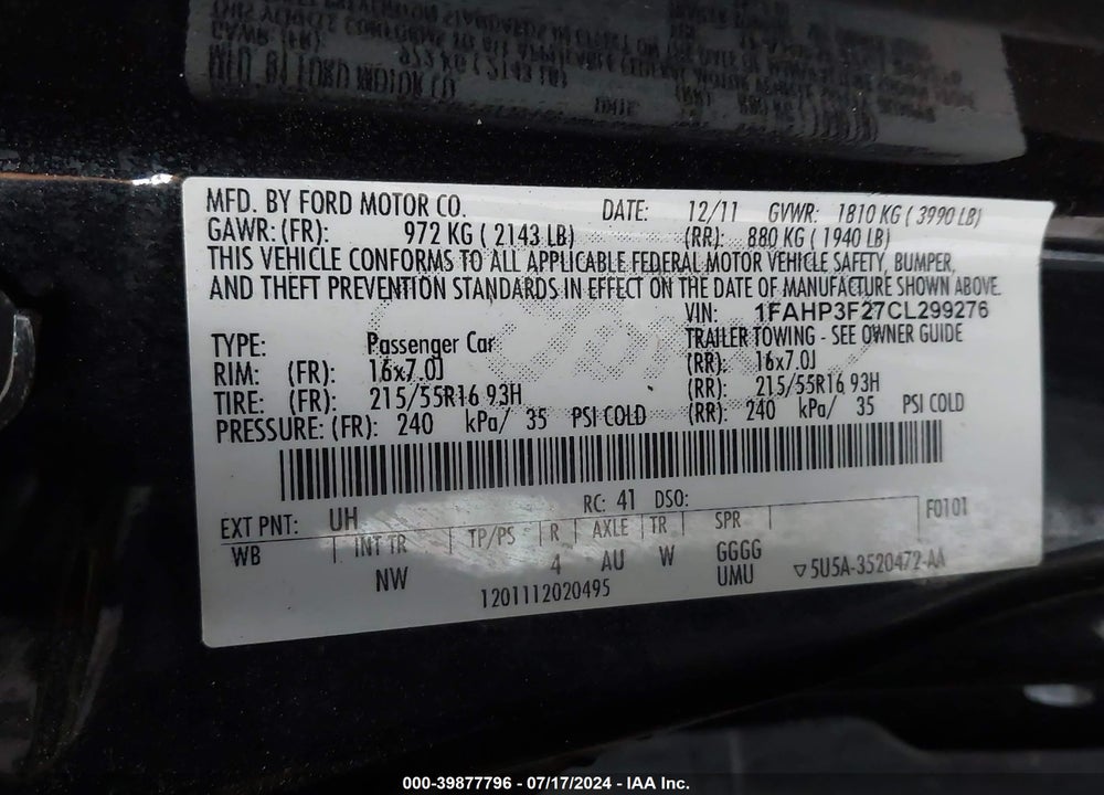 2012 FORD FOCUS SE VIN: 1FAHP3F27CL299276