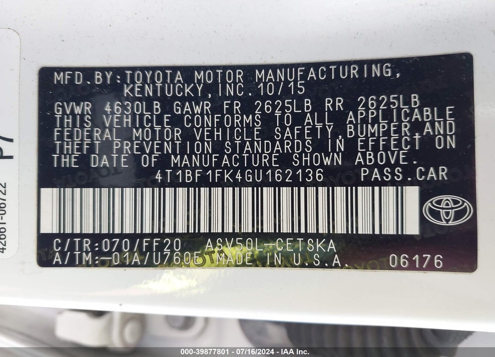 2016 TOYOTA CAMRY SE VIN: 4T1BF1FK4GU162136
