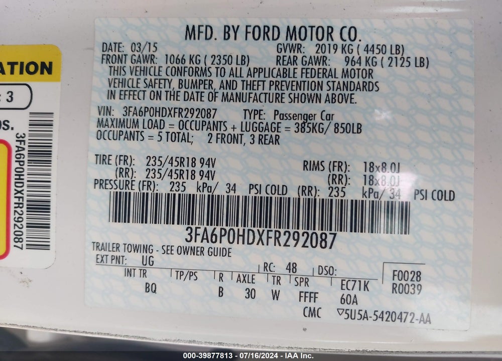 2015 FORD FUSION VIN: 3FA6P0HDXFR292087