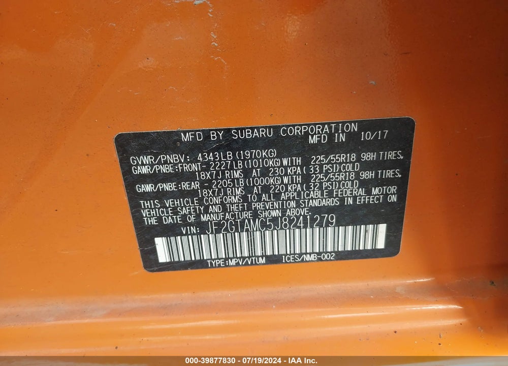 2018 SUBARU CROSSTREK 2.0I LIMITED VIN: JF2GTAMC5J8241279