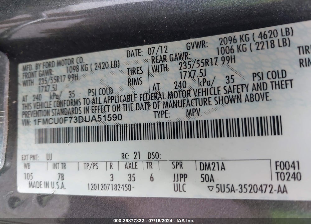 2013 FORD ESCAPE S VIN: 1FMCU0F73DUA51590