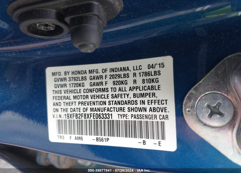 2015 HONDA CIVIC EX VIN: 19XFB2F8XFE063331