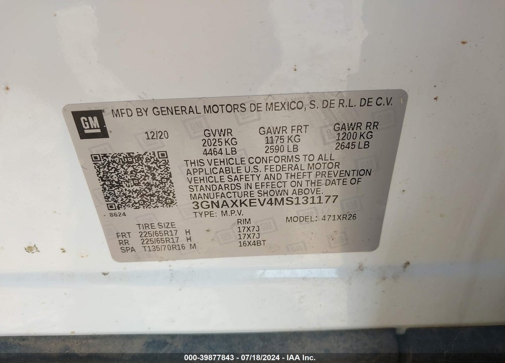 2021 CHEVROLET EQUINOX FWD LT VIN: 3GNAXKEV4MS131177