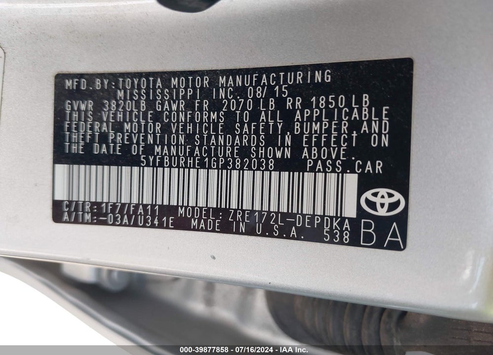 2016 TOYOTA COROLLA L VIN: 5YFBURHE1GP382038