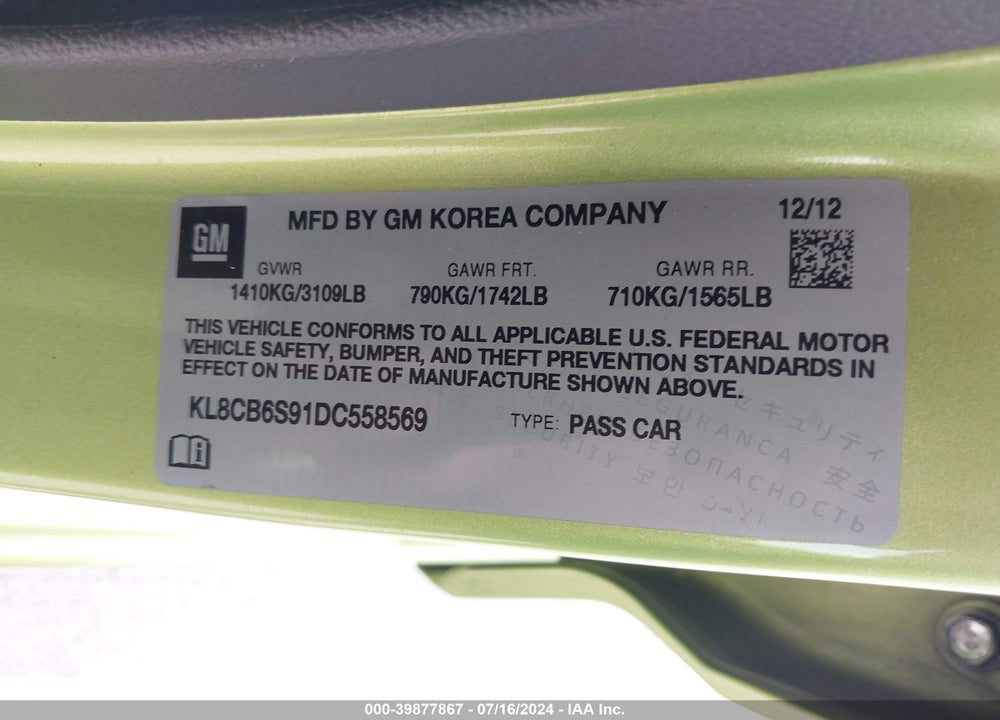 2013 CHEVROLET SPARK LS AUTO VIN: KL8CB6S91DC558569