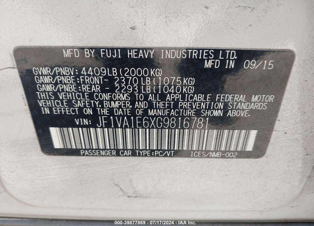 2016 SUBARU WRX PREMIUM VIN: JF1VA1E6XG9816781