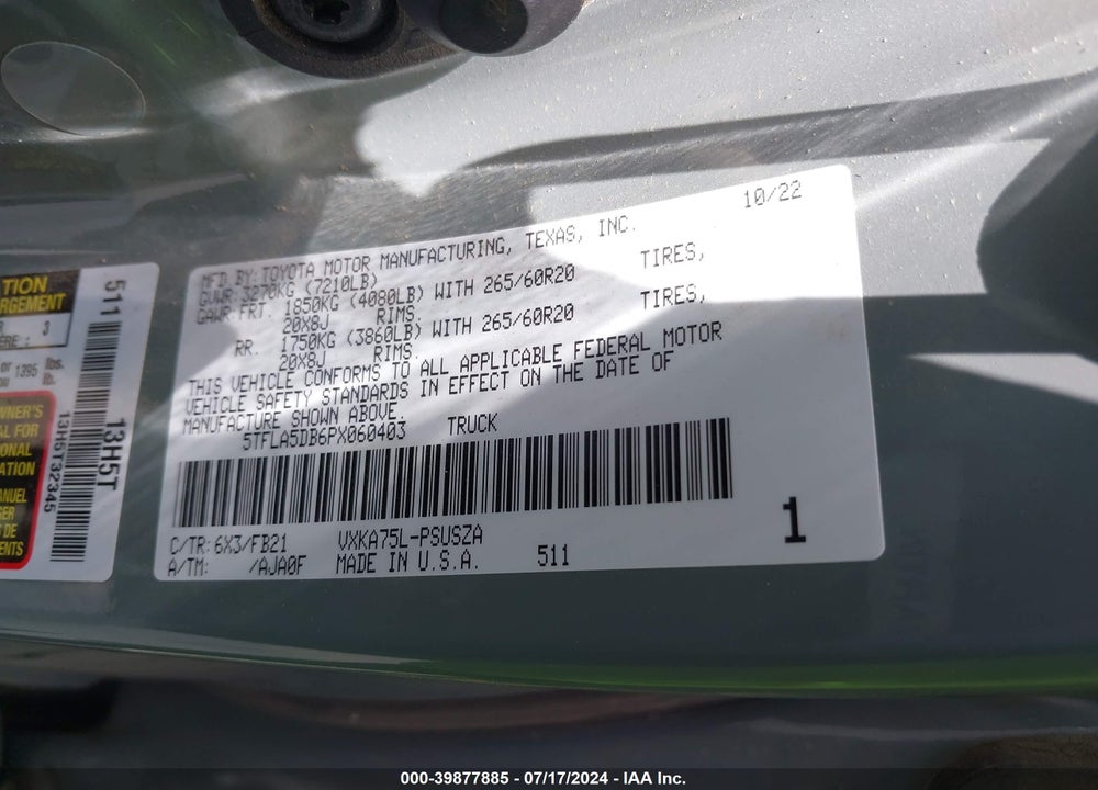 2023 TOYOTA TUNDRA SR5 VIN: 5TFLA5DB6PX060403