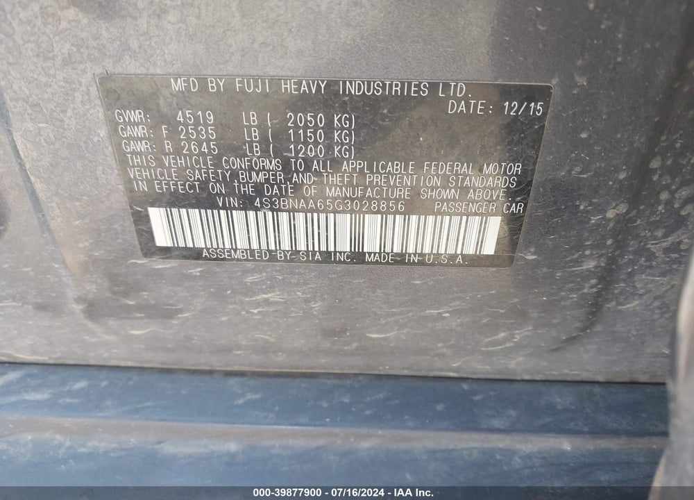 2016 SUBARU LEGACY 2.5I VIN: 4S3BNAA65G3028856