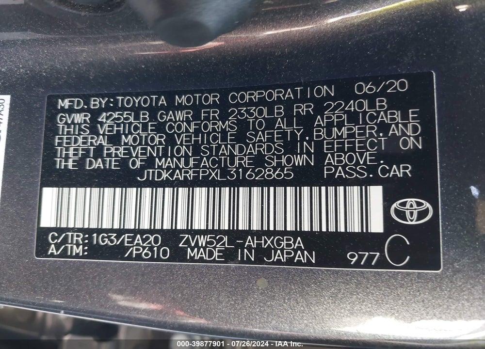 2020 TOYOTA PRIUS PRIME XLE VIN: JTDKARFPXL3162865