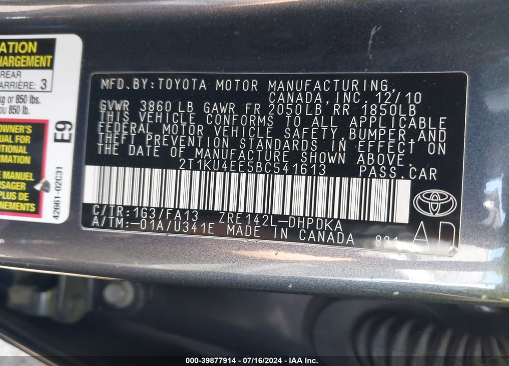 2011 TOYOTA MATRIX VIN: 2T1KU4EE5BC541613