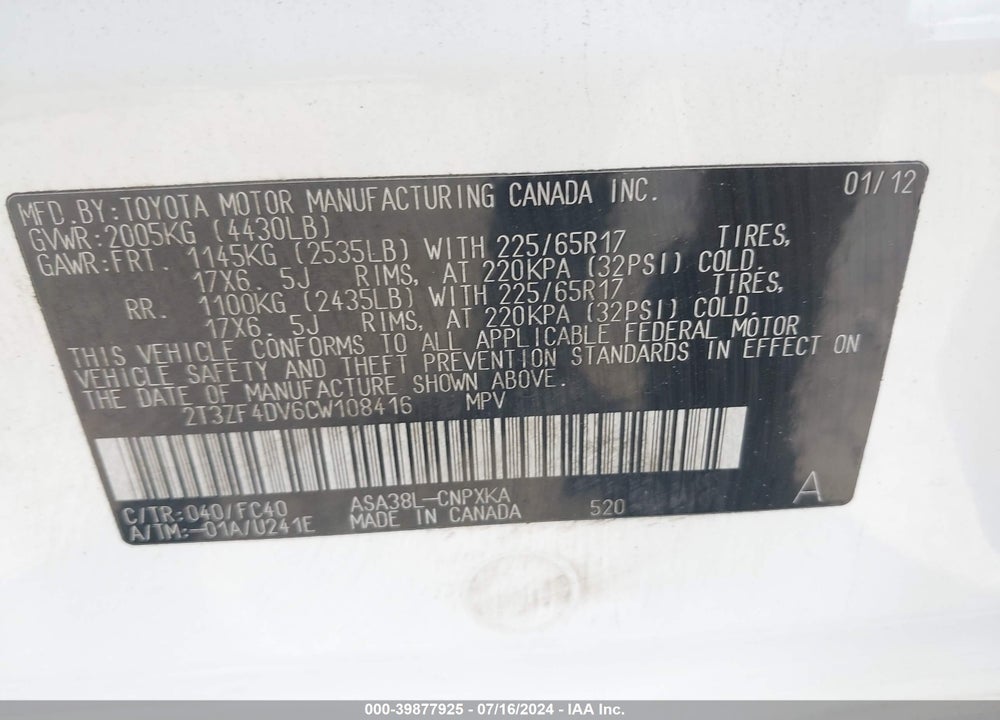2012 TOYOTA RAV4 VIN: 2T3ZF4DV6CW108416
