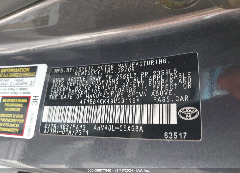 2009 TOYOTA CAMRY HYBRID VIN: 4T1BB46K49U091164