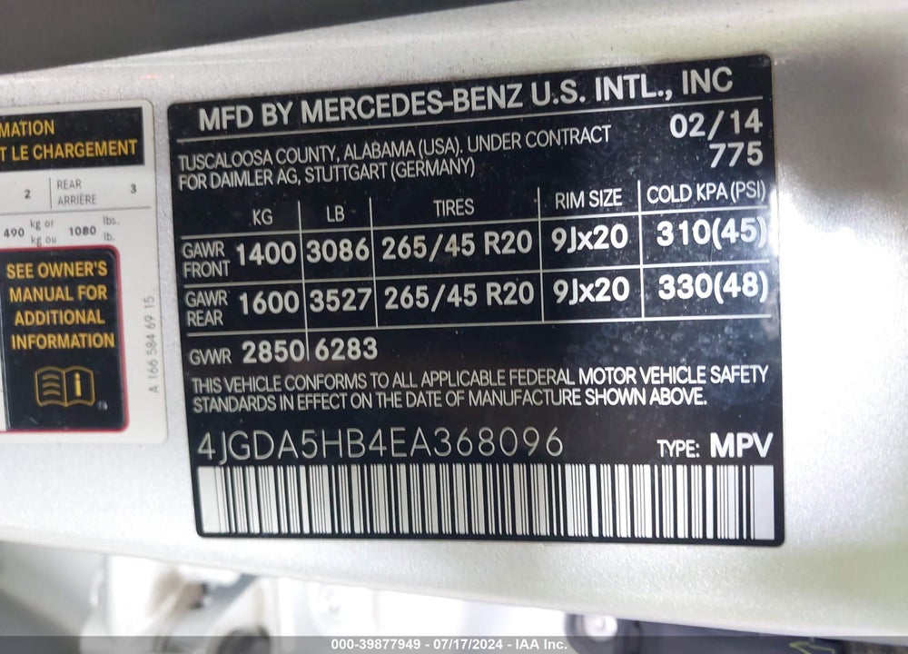 2014 MERCEDES-BENZ ML 350 4MATIC VIN: 4JGDA5HB4EA368096