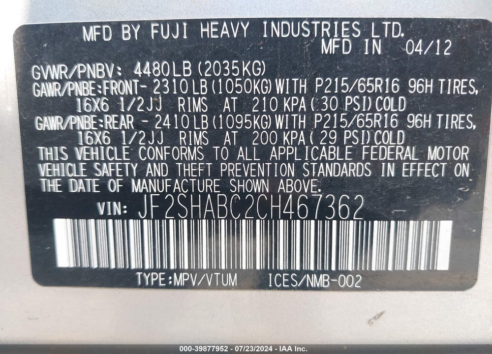 2012 SUBARU FORESTER 2.5X VIN: JF2SHABC2CH467362