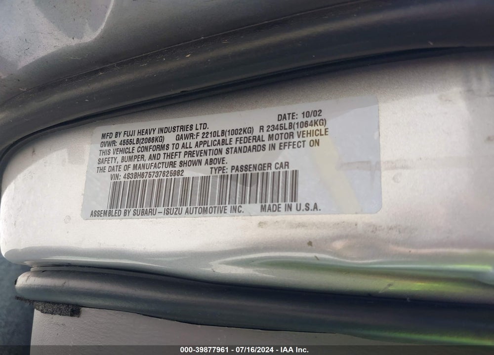2003 SUBARU OUTBACK VIN: 4S3BH675737625982