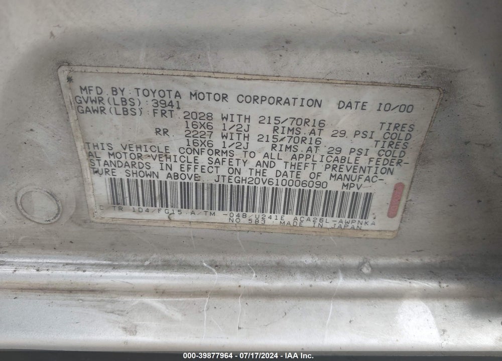 2001 TOYOTA RAV4 VIN: JTEGH20V610006090