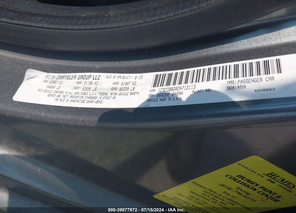 2013 CHRYSLER 200 TOURING VIN: 1C3CCBBG0DN712113