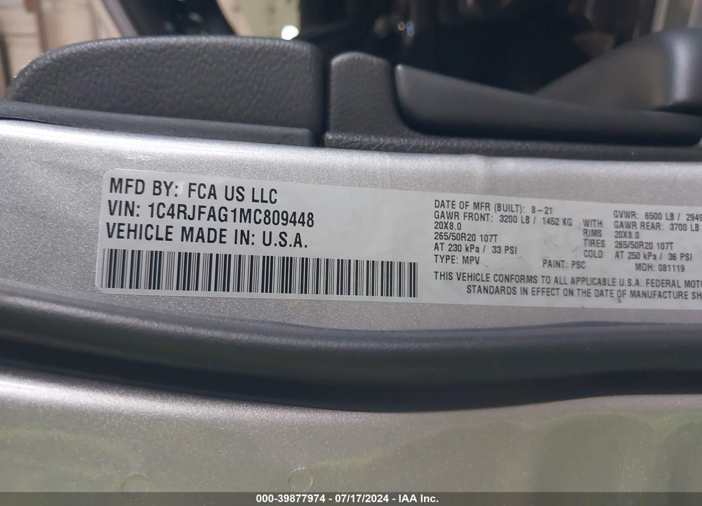 2021 JEEP GRAND CHEROKEE LAREDO X 4X4 VIN: 1C4RJFAG1MC809448