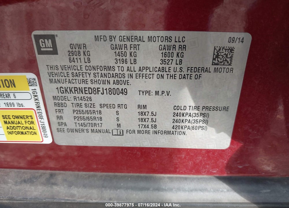 2015 GMC ACADIA SLE-1 VIN: 1GKKRNED8FJ180049