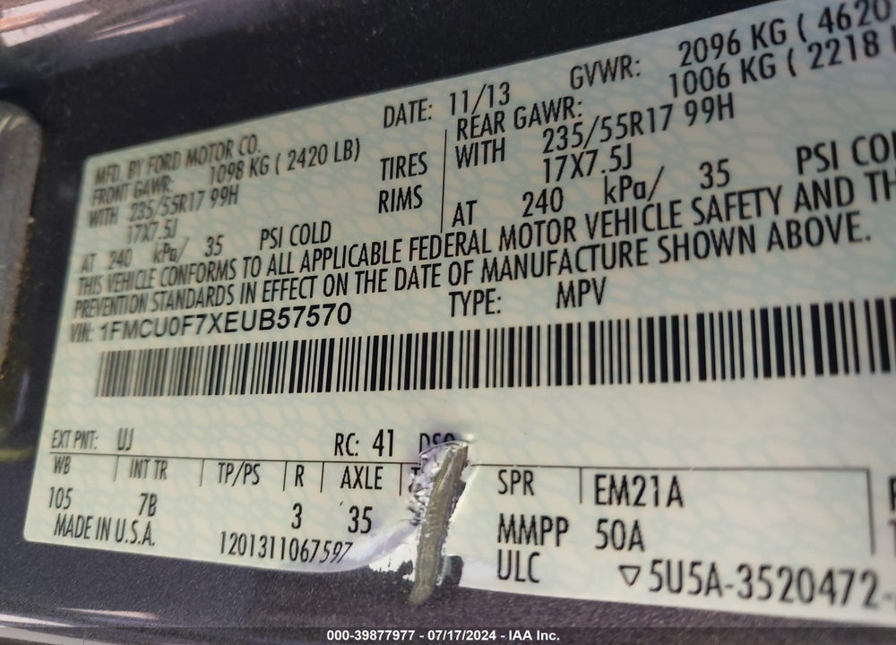 2014 FORD ESCAPE S VIN: 1FMCU0F7XEUB57570
