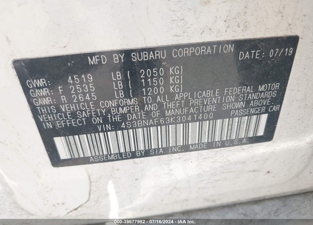 2019 SUBARU LEGACY 2.5I PREMIUM VIN: 4S3BNAF63K3041400