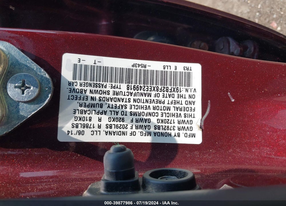 2014 HONDA CIVIC EX VIN: 19XFB2F8XEE249918