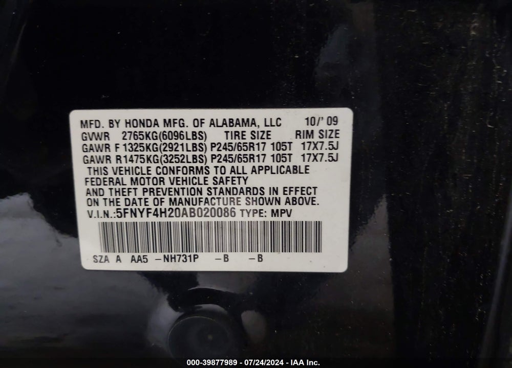 2010 HONDA PILOT LX VIN: 5FNYF4H20AB020086