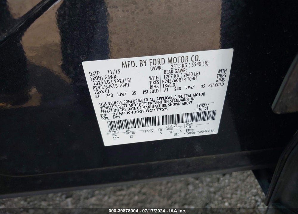 2015 FORD EDGE SEL VIN: 2FMTK4J90FBC17725