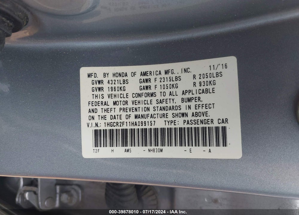 2017 HONDA ACCORD SPORT SE VIN: 1HGCR2F11HA099157