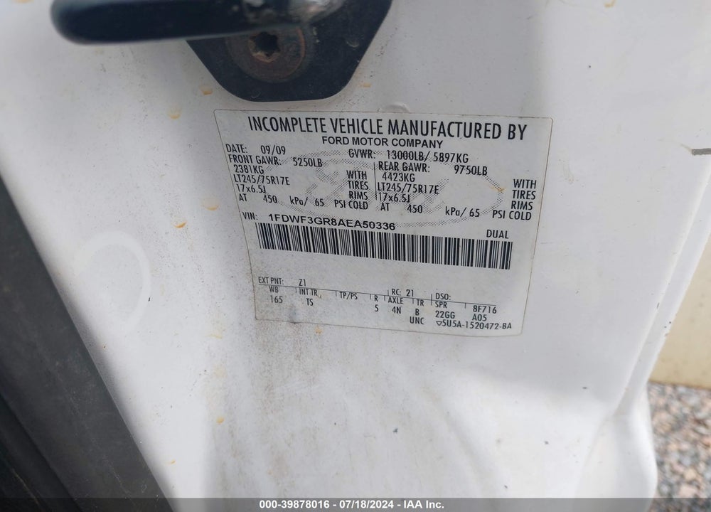 2010 FORD F-350 CHASSIS XL/XLT VIN: 1FDWF3GR8AEA50336