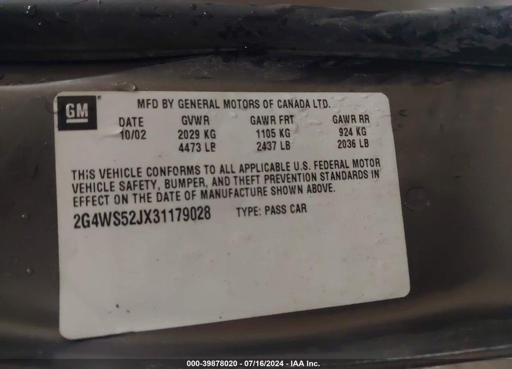 2003 BUICK CENTURY CUSTOM VIN: 2G4WS52JX31179028
